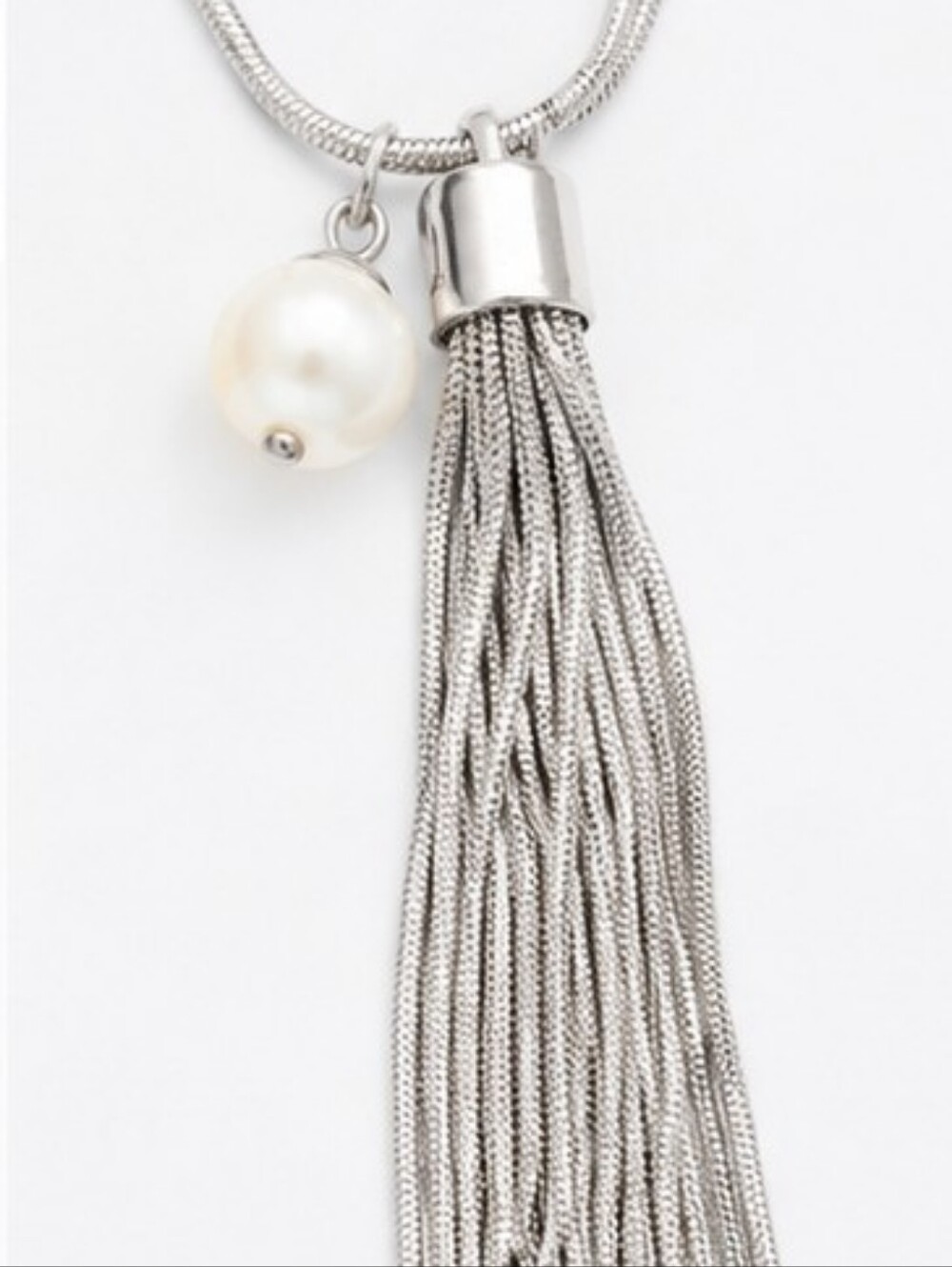 White House Black Market Silver Tone Tassel Necklace Faux Pearl Long Statement - Picture 6 of 7
